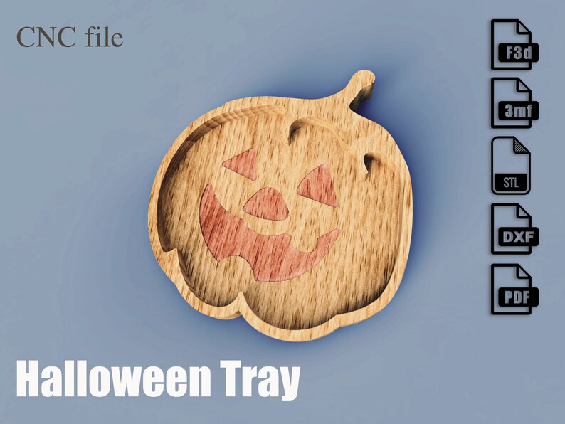 May include: A wooden Halloween tray in the shape of a jack-o'-lantern with a carved face. The tray is made of light-colored wood with a reddish-orange face. The text "Halloween Tray" is at the bottom.