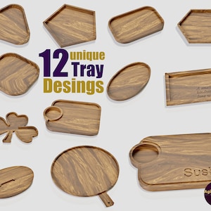 Pacchetto di 12 vassoi per il download diretto - File CNC per fresatrici per legno (file Fusion 360, DXF Vector, file stl, progetti pdf)