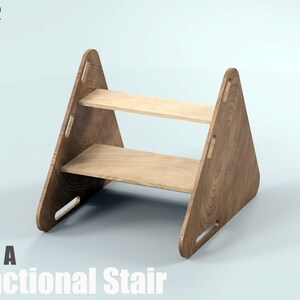 May include: A wooden functional stair with two shelves. The stair is made of light brown wood and has a triangular shape. The text "Side A Functional Stair" is visible at the bottom of the image.