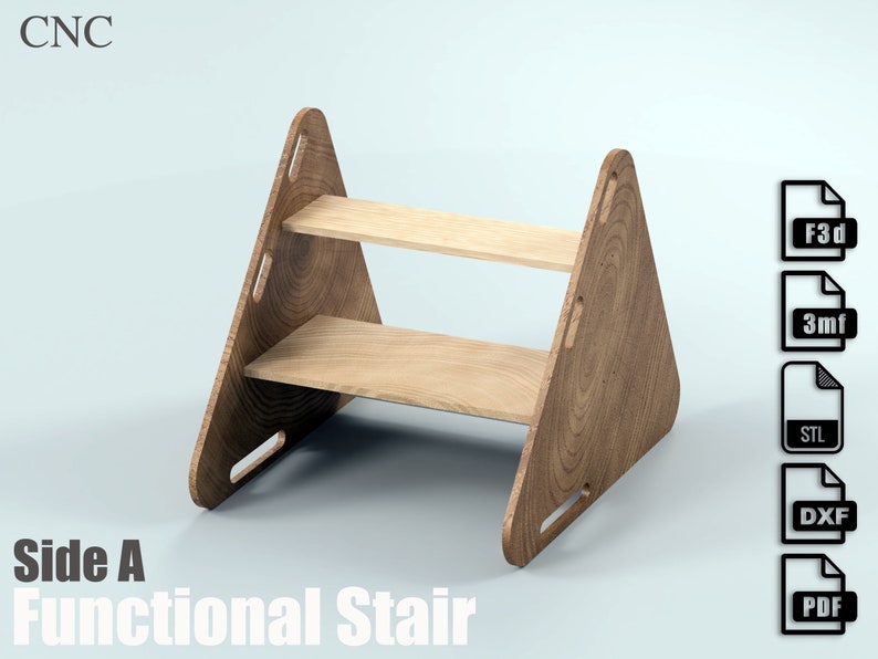 May include: A wooden functional stair with two shelves. The stair is made of light brown wood and has a triangular shape. The text "Side A Functional Stair" is visible at the bottom of the image.