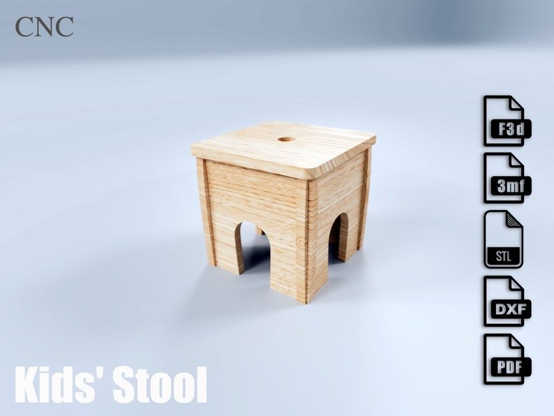 May include: A light-colored wooden kids' stool with a square seat and arched cutouts in the sides. The stool has a simple, modern design. The text "Kids' Stool" is visible at the bottom. The image also includes file type icons.