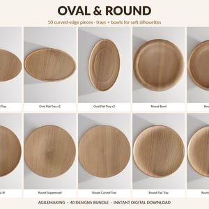 Pode incluir: Uma cole&ccedil;&atilde;o de dez bandejas e tigelas de madeira em formatos ovais e redondos. A imagem inclui v&aacute;rios designs, como bandejas curvas, bandejas planas e tigelas. O texto no topo diz "OVAL & ROUND".