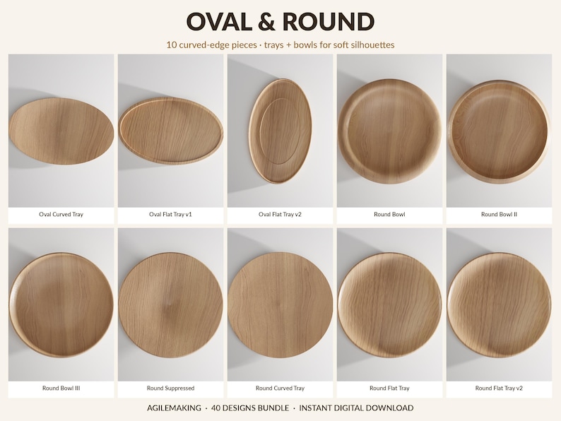Pode incluir: Uma cole&ccedil;&atilde;o de dez bandejas e tigelas de madeira em formatos ovais e redondos. A imagem inclui v&aacute;rios designs, como bandejas curvas, bandejas planas e tigelas. O texto no topo diz "OVAL & ROUND".