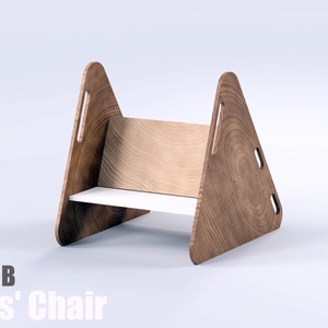 May include: A wooden kids' chair with a light brown finish. The chair has a triangular frame with a white seat and back. The text "Side B Kids' Chair" is visible. The image also includes file type icons.