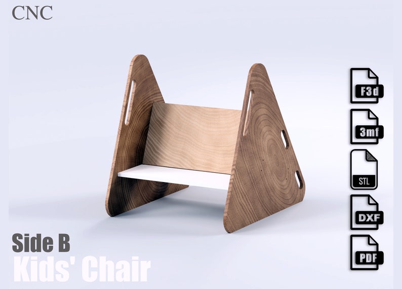 May include: A wooden kids' chair with a light brown finish. The chair has a triangular frame with a white seat and back. The text "Side B Kids' Chair" is visible. The image also includes file type icons.