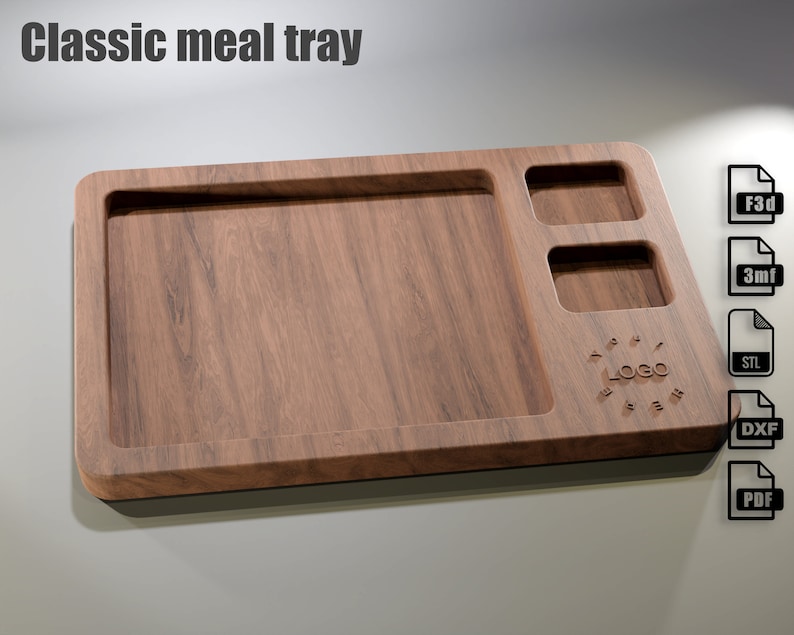 rectangular wooden tray with a big almost square pocket on the left and two small pockets on the right