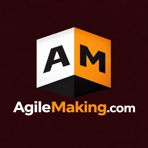 May include: A logo featuring a 3D cube with the letters "A" and "M" in black on white and orange panels. The text "AgileMaking.com" is displayed below the cube in white against a dark red background.