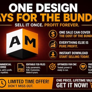 Pode incluir: Gr&aacute;fico promocional com o texto "ONE DESIGN PAYS FOR THE BUNDLE". Apresenta um cubo geom&eacute;trico com "AM". O gr&aacute;fico destaca a licen&ccedil;a comercial, arquivos edit&aacute;veis e download instant&acirc;neo.