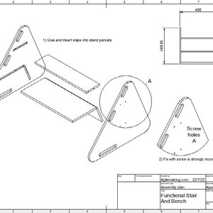 May include: An assembly plan for a functional stair and bench. The diagram shows the components, including triangular side supports and rectangular steps. Dimensions are provided in millimeters. Instructions include gluing and inserting steps, and using screws.