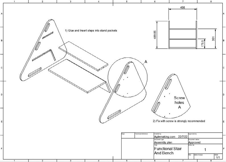 May include: An assembly plan for a functional stair and bench. The diagram shows the components, including triangular side supports and rectangular steps. Dimensions are provided in millimeters. Instructions include gluing and inserting steps, and using screws.