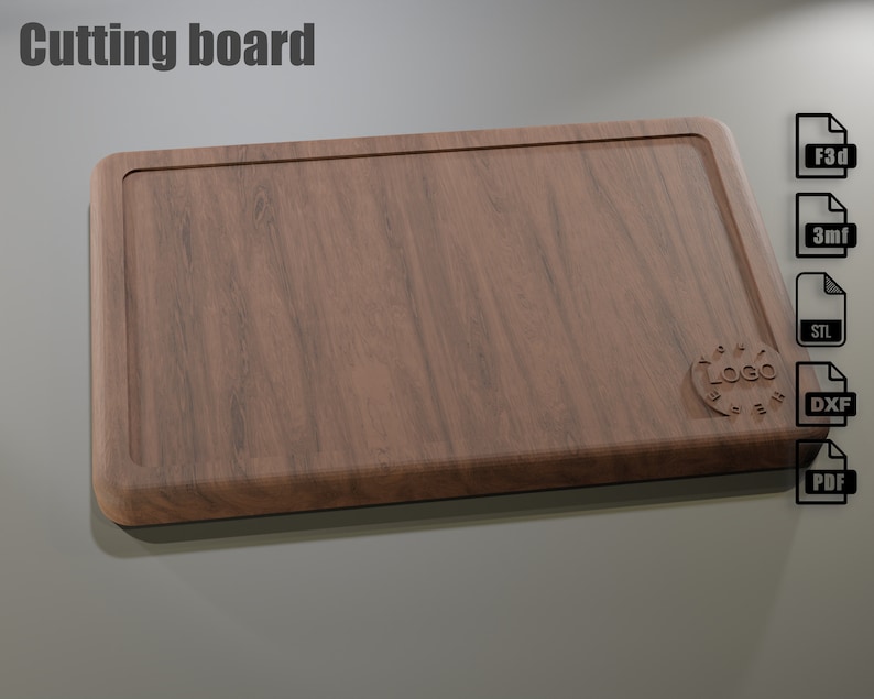 May include: A rectangular wooden cutting board with a slightly raised edge. The board has a natural wood grain pattern and a logo in the lower right corner.