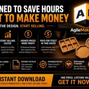 May include: An advertisement for AgileMaking.com, featuring wooden laser-cut designs. The text reads "Designed to Save Hours, Built to Make Money." The image includes various wooden items like coasters and cutting boards, and icons highlighting features like commercial licenses and instant downloads.