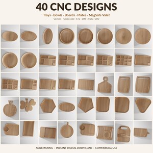 Pode incluir: Uma grade de 40 designs CNC, incluindo bandejas, tigelas, t&aacute;buas, pratos e um valet MagSafe. Os designs s&atilde;o feitos de madeira clara e apresentam v&aacute;rias formas, como ovais, c&iacute;rculos e ret&acirc;ngulos. O texto "40 CNC DESIGNS" est&aacute; no topo.