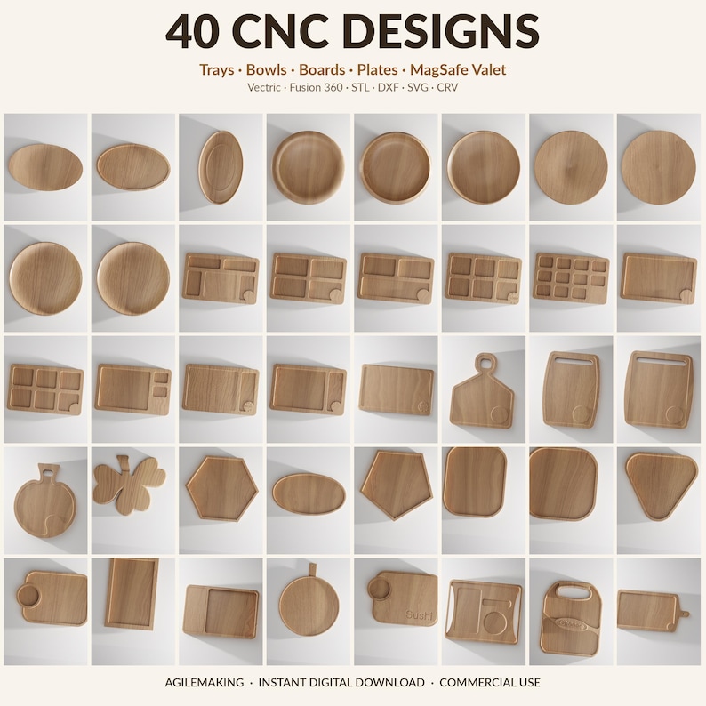 Pode incluir: Uma grade de 40 designs CNC, incluindo bandejas, tigelas, t&aacute;buas, pratos e um valet MagSafe. Os designs s&atilde;o feitos de madeira clara e apresentam v&aacute;rias formas, como ovais, c&iacute;rculos e ret&acirc;ngulos. O texto "40 CNC DESIGNS" est&aacute; no topo.