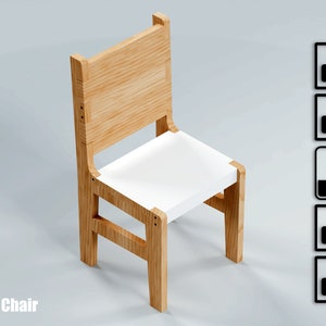 May include: A wooden kids' chair with a white seat and a light brown frame. The chair has a rectangular back and four legs. The text "Kids' Chair" is at the bottom left. File type icons are on the right.