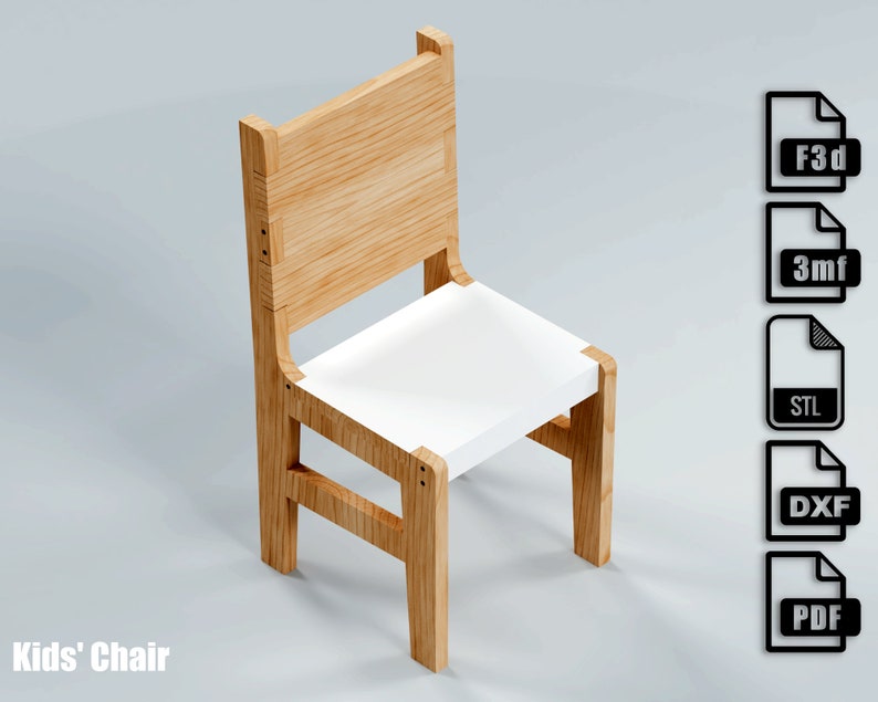 May include: A wooden kids' chair with a white seat and a light brown frame. The chair has a rectangular back and four legs. The text "Kids' Chair" is at the bottom left. File type icons are on the right.