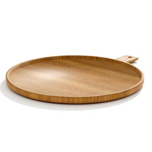 May include: A round, light brown wooden serving tray with a handle. The tray has a raised edge and a smooth surface, ideal for serving food or displaying items. The handle has a hole for hanging.