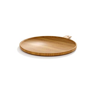 May include: A round, wooden serving tray with a handle. The tray is made of light brown wood and has a smooth surface. The handle is rectangular and attached to the side of the tray. Ideal for serving food or displaying items.