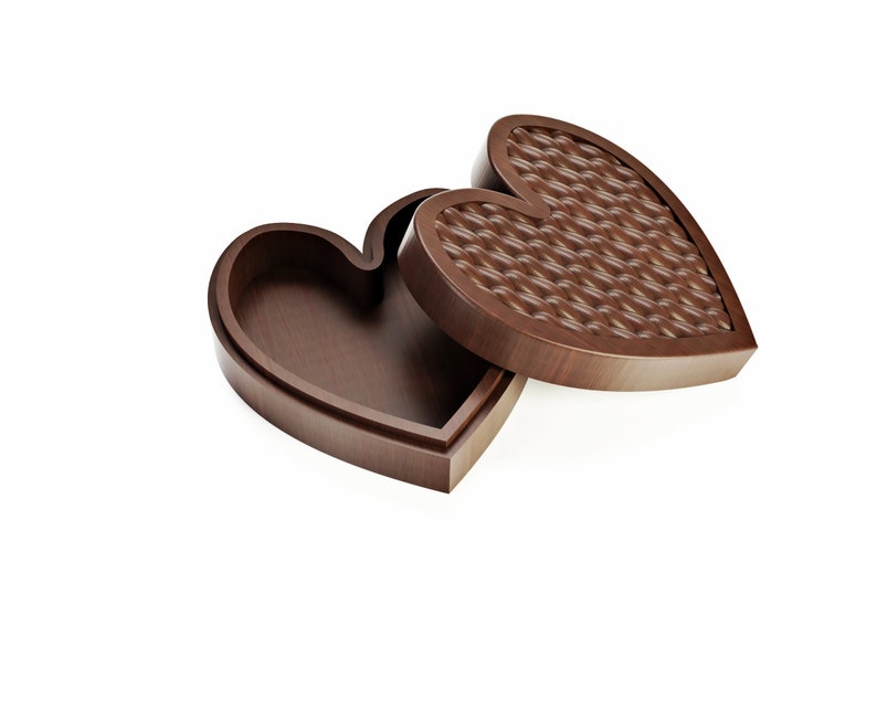 May include: A heart-shaped wooden box with a hinged lid. The lid is slightly ajar, revealing a woven pattern on the inside. The box is made of dark brown wood and sits against a white background.