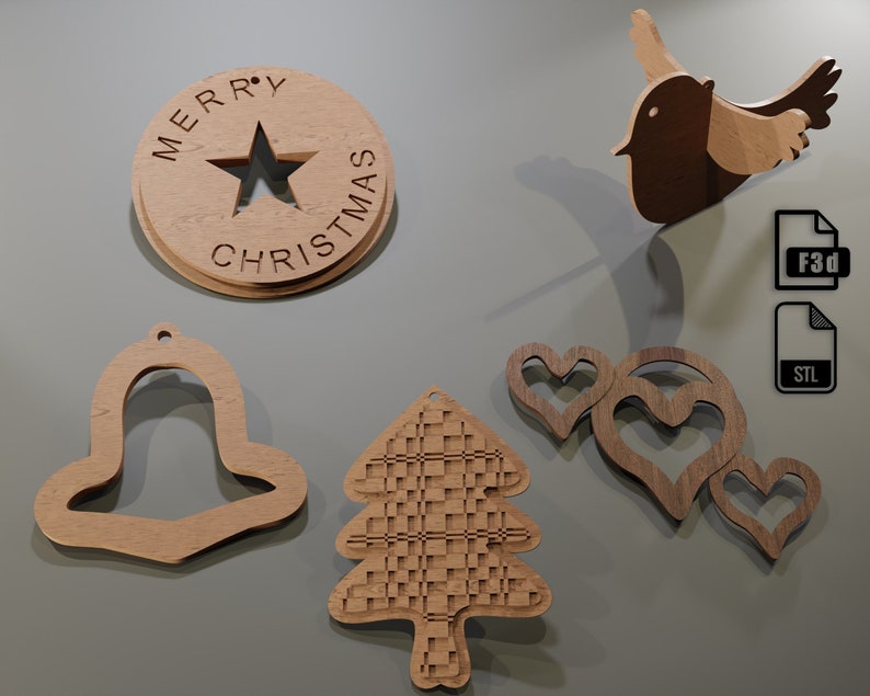 May include: Wooden Christmas ornaments in various shapes, including a bell, a tree, and hearts. One ornament is a circle with the words "MERRY CHRISTMAS" and a star cutout. A wooden bird is also present.
