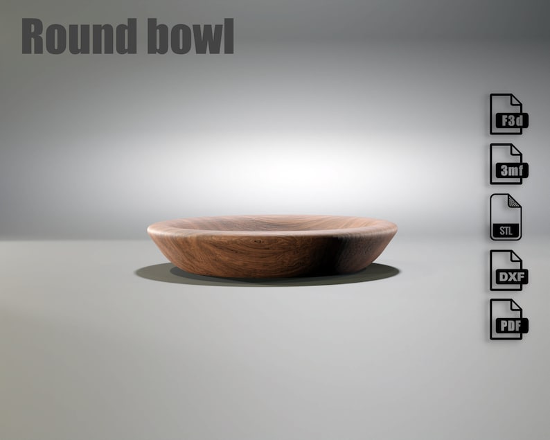 May include: A round wooden bowl with a natural wood grain finish. The bowl is set against a gray background with the text "Round bowl" at the top. File type icons are on the right.