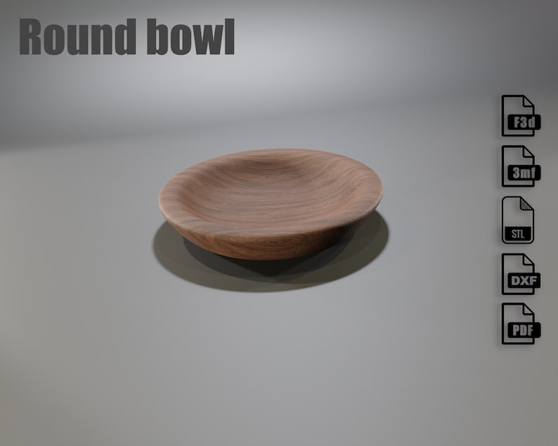 May include: A round wooden bowl with a natural wood grain finish. The bowl is shallow with a wide, curved rim. The text "Round bowl" is displayed above the bowl. File type icons are on the right.