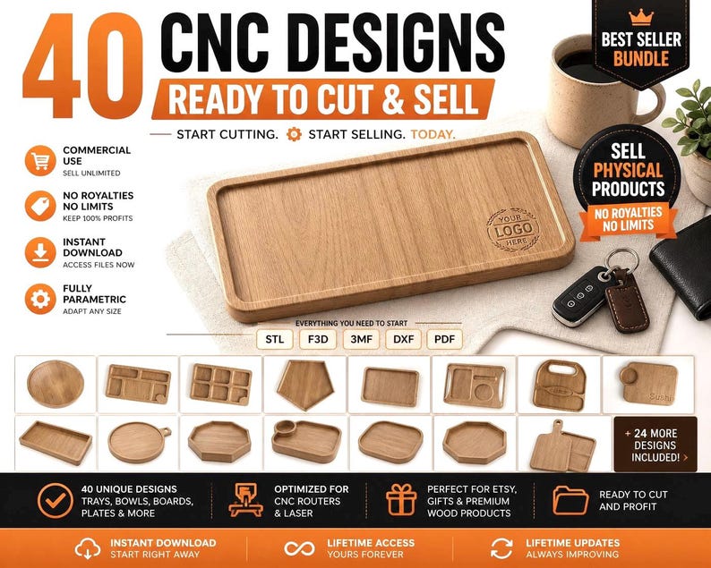 May include: A wooden tray with a rectangular shape and rounded corners, featuring a logo in the center. The image showcases a collection of 40 CNC designs, including trays, bowls, and boards, ready to cut and sell. The text reads "Ready to cut & sell."