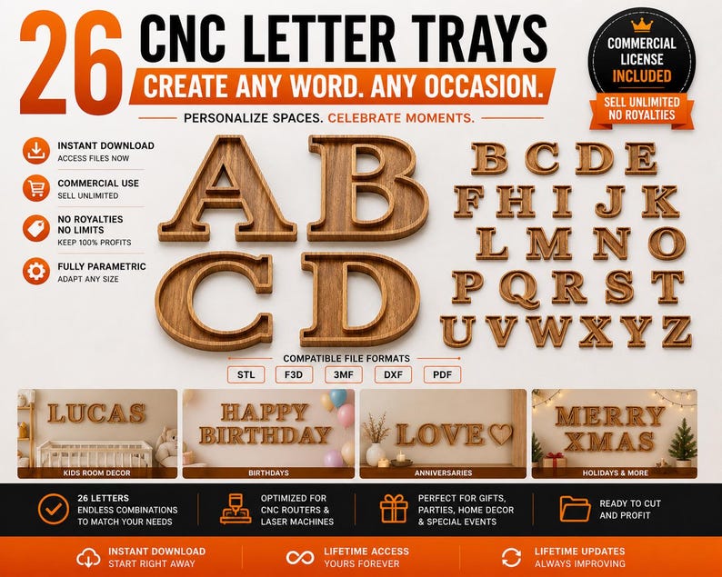 May include: Wooden CNC letter trays in a variety of fonts and sizes. The image includes the letters A, B, C, D, and the full alphabet. The text reads "CNC Letter Trays Create Any Word. Any Occasion." The trays are suitable for home decor and special events.