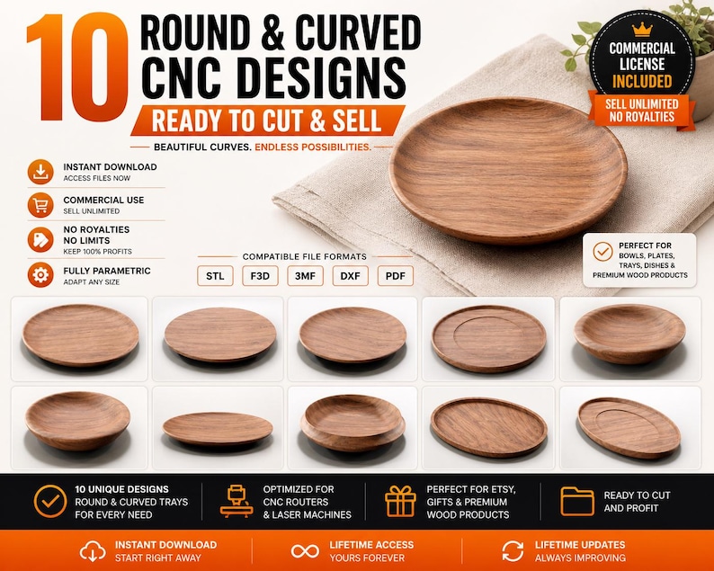 May include: A digital product showcasing 10 round and curved CNC designs for trays and dishes. The image displays various wooden tray designs, with text indicating commercial use, instant download, and compatibility with multiple file formats. The designs are ready to cut and sell.