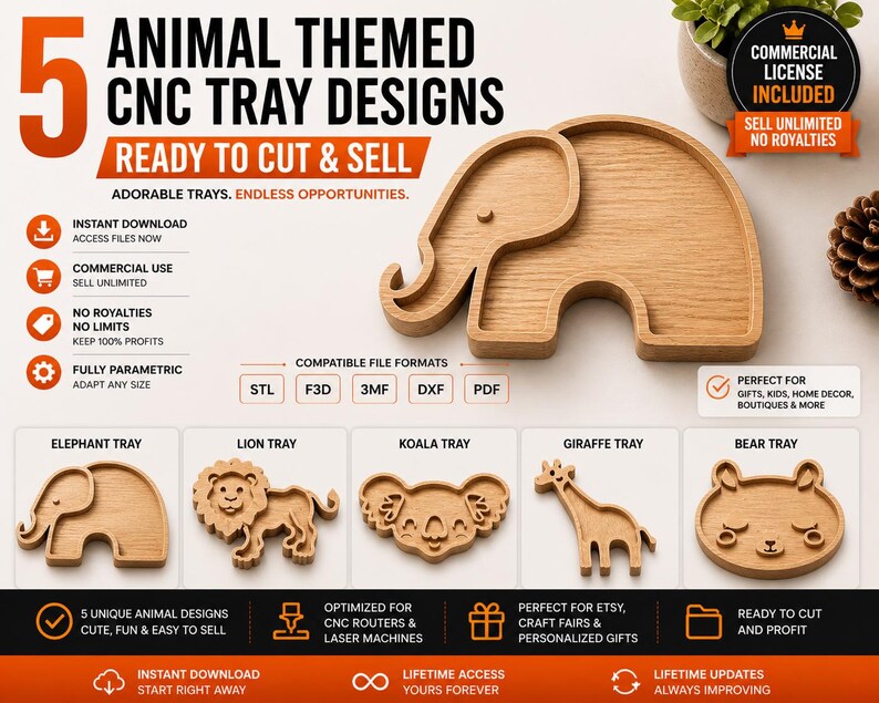 May include: An image showcasing five animal-themed CNC tray designs, ready to cut and sell. The designs include an elephant, lion, koala, giraffe, and bear. The trays are made of light-colored wood. Text on the image includes "Adorable Trays. Endless Opportunities."