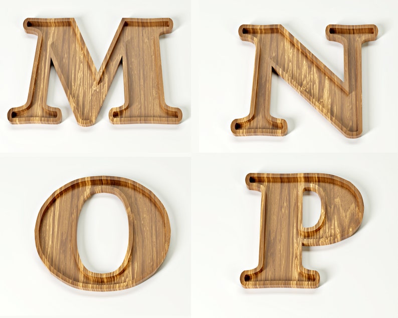 May include: Four wooden letters: M, N, O, and P. Each letter is carved from wood with a natural grain pattern and a recessed interior, creating a tray-like design. The letters are displayed against a white background.