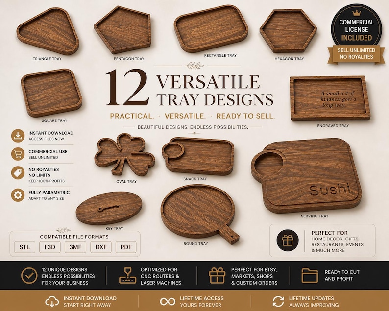 May include: A collection of 12 versatile wooden tray designs in various shapes, including triangle, pentagon, and square. The trays are designed for CNC routers and laser machines. The image includes the text "12 VERSATILE TRAY DESIGNS".
