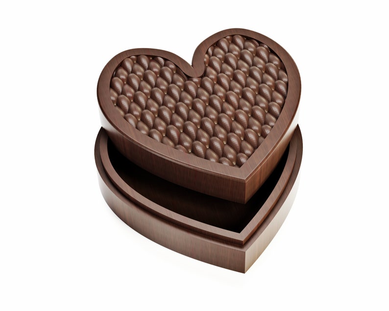 May include: A heart-shaped wooden box, open to reveal a layer of chocolate candies. The candies are small, oval-shaped, and a rich brown color. The box is made of dark wood and has a smooth finish.