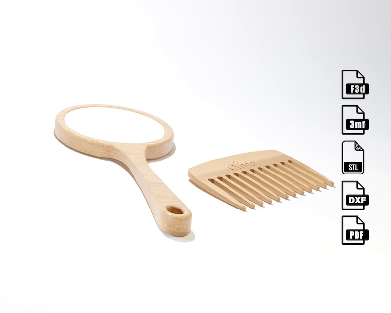 A round wooden hand mirror on the left and a wooden comb on the right
