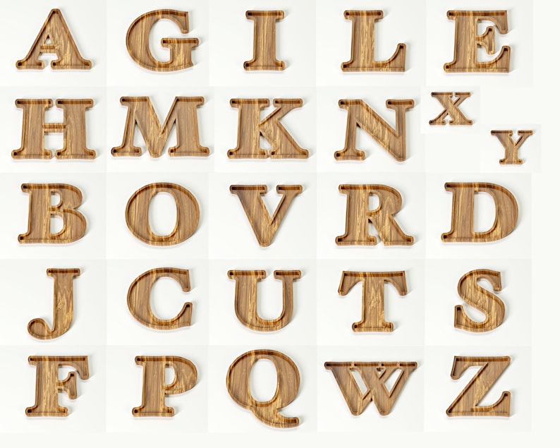 May include: A collection of wooden letters, each with a natural wood grain finish. The letters are arranged on a white background, showcasing the entire alphabet. The letters are in a serif font and are designed with a recessed interior.