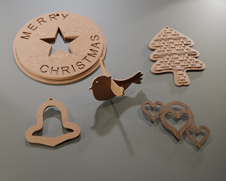 May include: A collection of wooden Christmas ornaments. Includes a round ornament with "MERRY CHRISTMAS" and a star cutout, a bird, a Christmas tree, a bell, and three hearts. All ornaments are made of light brown wood.