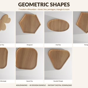 Pode incluir: Bandejas de madeira em v&aacute;rias formas geom&eacute;tricas: trevo, hex&aacute;gono, oval, pent&aacute;gono, ret&acirc;ngulo arredondado, quadrado e tri&acirc;ngulo arredondado. O texto "GEOMETRIC SHAPES" e "7 modern silhouettes" &eacute; exibido.