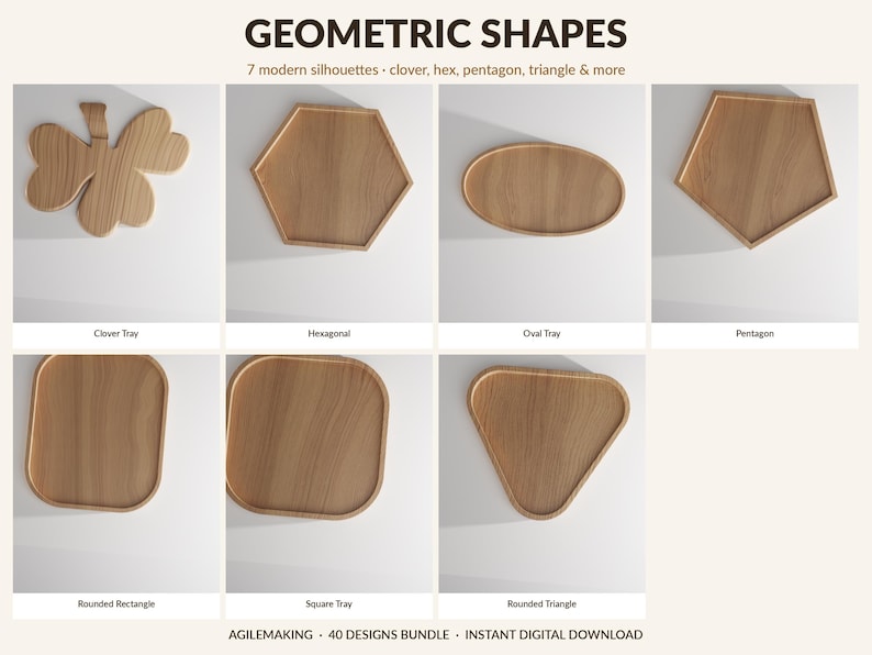 Pode incluir: Bandejas de madeira em v&aacute;rias formas geom&eacute;tricas: trevo, hex&aacute;gono, oval, pent&aacute;gono, ret&acirc;ngulo arredondado, quadrado e tri&acirc;ngulo arredondado. O texto "GEOMETRIC SHAPES" e "7 modern silhouettes" &eacute; exibido.