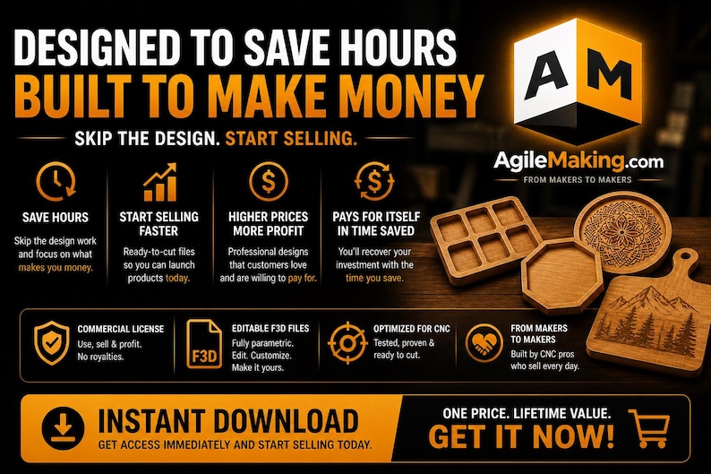 K&ouml;nnte beinhalten: Werbung f&uuml;r AgileMaking.com mit Holz-Laser-Designs. Der Text lautet: &bdquo;Entworfen, um Stunden zu sparen, gebaut, um Geld zu verdienen.&ldquo; Das Bild zeigt verschiedene Holzartikel wie Untersetzer und Schneidebretter sowie Symbole, die Funktionen wie kommerzielle Lizenzen hervorheben.