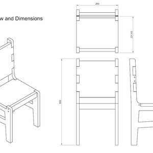 May include: Line drawing of a chair with dimensions labeled in inches. The chair has a back, seat, and four legs. The drawing shows the chair from three different angles: front, side, and top.