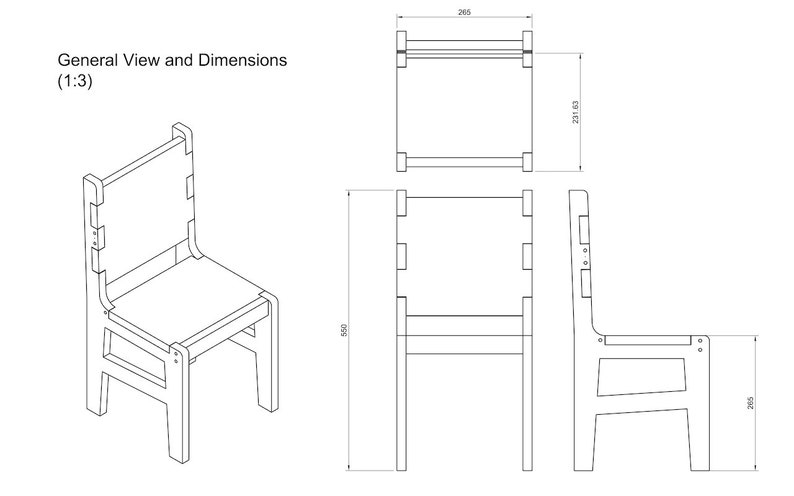 May include: Line drawing of a chair with dimensions labeled in inches. The chair has a back, seat, and four legs. The drawing shows the chair from three different angles: front, side, and top.