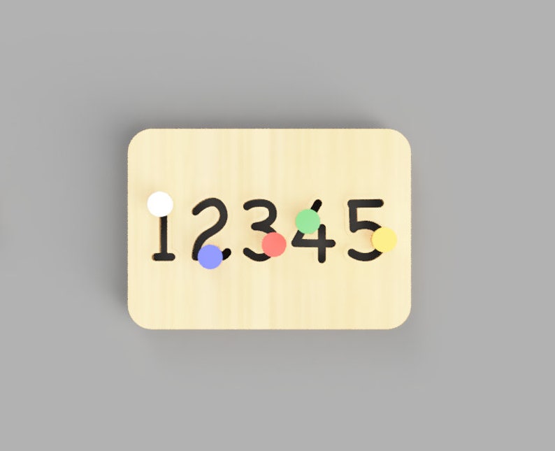 May include: Wooden number puzzle board with the numbers 1 to 5 in black. Each number has a corresponding coloured peg: white, blue, red, green, and yellow. The board is made of light-coloured wood.