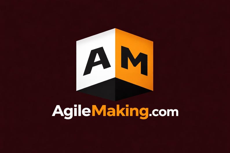 May include: A logo featuring a 3D cube with the letters "A" and "M" in black on white and orange panels. The text "AgileMaking.com" is displayed below the cube in white against a dark red background.