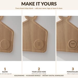 Pode incluir: T&aacute;bua de corte de madeira com formato &uacute;nico e uma reentr&acirc;ncia circular. A imagem mostra tr&ecirc;s varia&ccedil;&otilde;es: em branco, com um logotipo e personalizada. O texto diz "MAKE IT YOURS" e "PERSONALIZED".