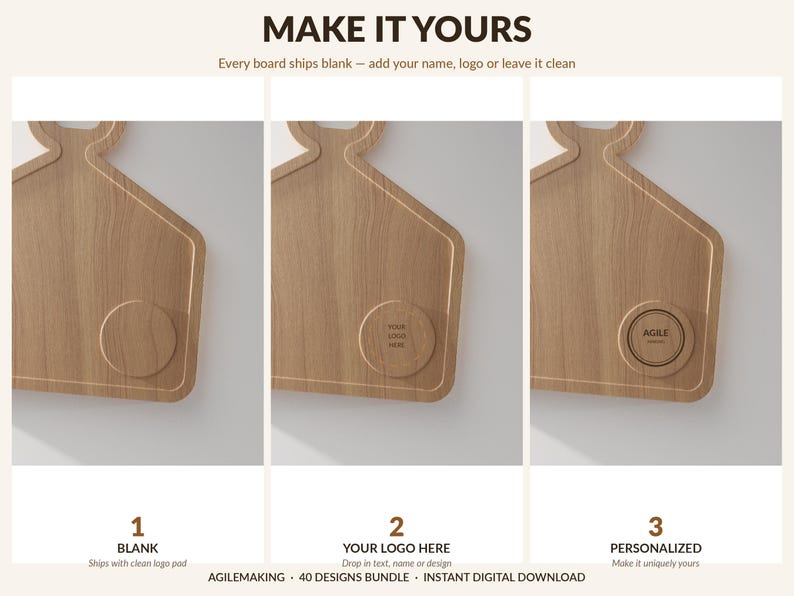 Pode incluir: T&aacute;bua de corte de madeira com formato &uacute;nico e uma reentr&acirc;ncia circular. A imagem mostra tr&ecirc;s varia&ccedil;&otilde;es: em branco, com um logotipo e personalizada. O texto diz "MAKE IT YOURS" e "PERSONALIZED".