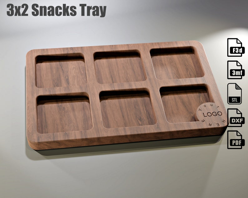 May include: A wooden 3x2 snacks tray with six square compartments. The tray has a dark wood grain finish and a black base. The text "3x2 Snacks Tray" is at the top. A small circular area is available for a logo.