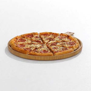 May include: A sliced pizza with pepperoni and cheese on a round wooden serving tray. The pizza is cut into eight pieces and has a golden-brown crust. The tray has a handle.
