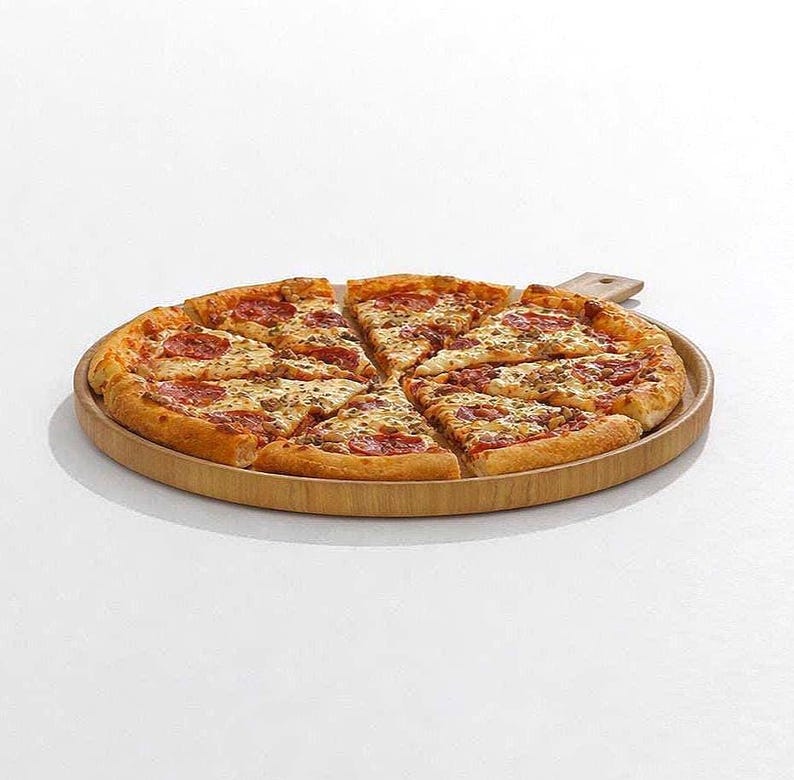 May include: A sliced pizza with pepperoni and cheese on a round wooden serving tray. The pizza is cut into eight pieces and has a golden-brown crust. The tray has a handle.