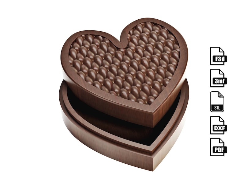 May include: A heart-shaped wooden box with a lid, filled with small, brown, oval-shaped objects. The box is open, revealing the interior. The design is detailed and textured. The box is a dark brown color. The image also includes file type icons.