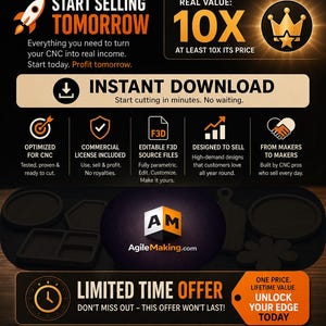 May include: Complete CNC Bundle graphic with text: Design it, Cut it, Sell it. Includes instant download, commercial license, and editable source files. Offers high-demand designs and professional quality. Limited time offer.